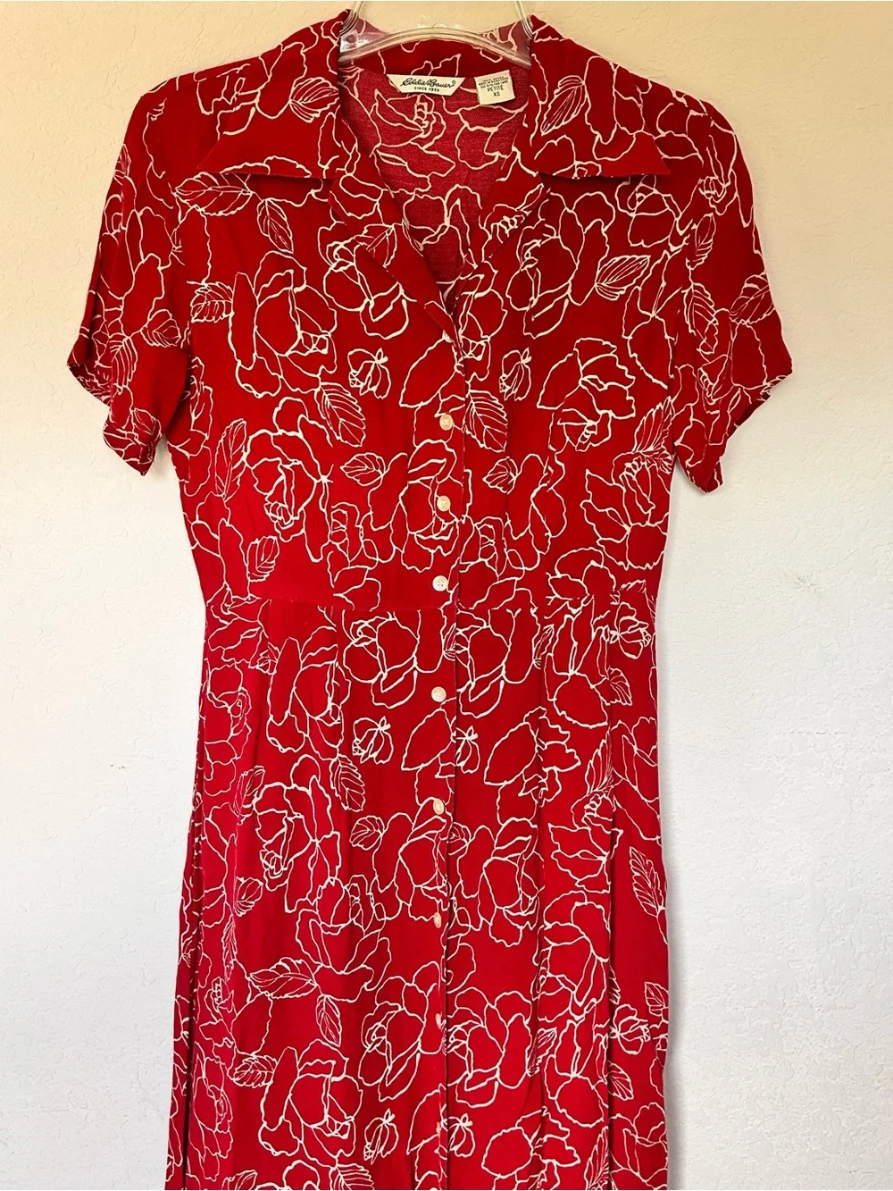 Vintage Eddie Bauer Red White Floral Button-Down Shirt Dress